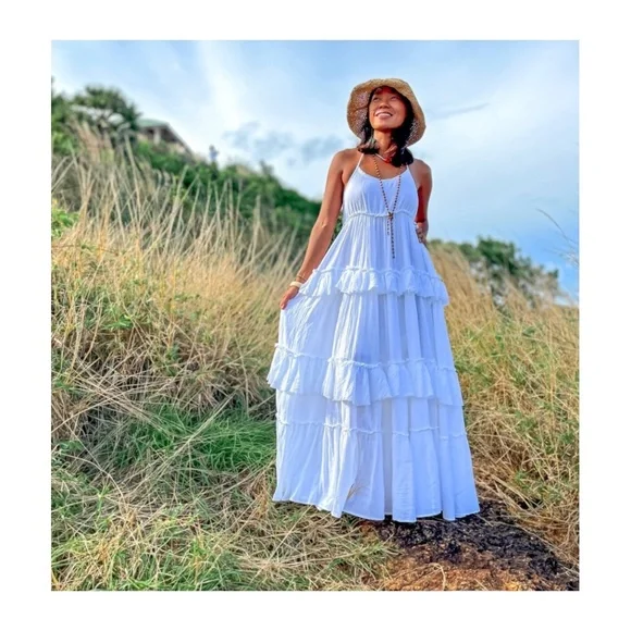 CREAM MAXI BOHO RUFFLE DRESS - Picture 3 of 12